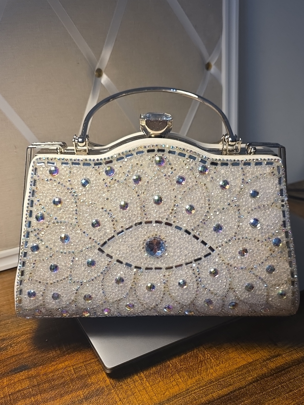 Crystal-Embellished Evening Top-Handle Clutch in White